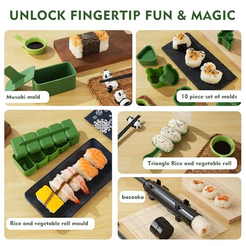 Brezlio Sushi Maker Kit – 43-Piece Complete Set with Bazooka Roller, Onigiri Shaper, Nigiri Mold, Bamboo Rolling Mat & Tools | DIY for Beginners (Green) - Image 3
