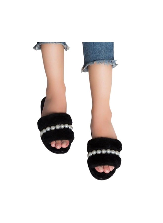 black fur slipper with pearls38/39