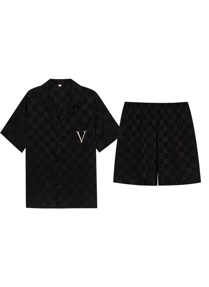 NIBEMINENT 2-Piece Set Men's Short Sleeves Pajamas Pants Sleepwear Sets Satin Grid Printing Silk Nightgown Male Loose Shirts Spring Summer Thin Loungewear Home Clothes Black  - Image 1