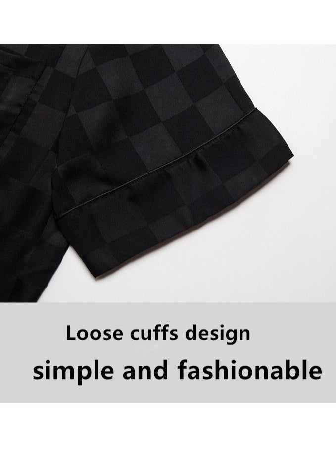 NIBEMINENT 2-Piece Set Men's Short Sleeves Pajamas Pants Sleepwear Sets Satin Grid Printing Silk Nightgown Male Loose Shirts Spring Summer Thin Loungewear Home Clothes Black  - Image 3
