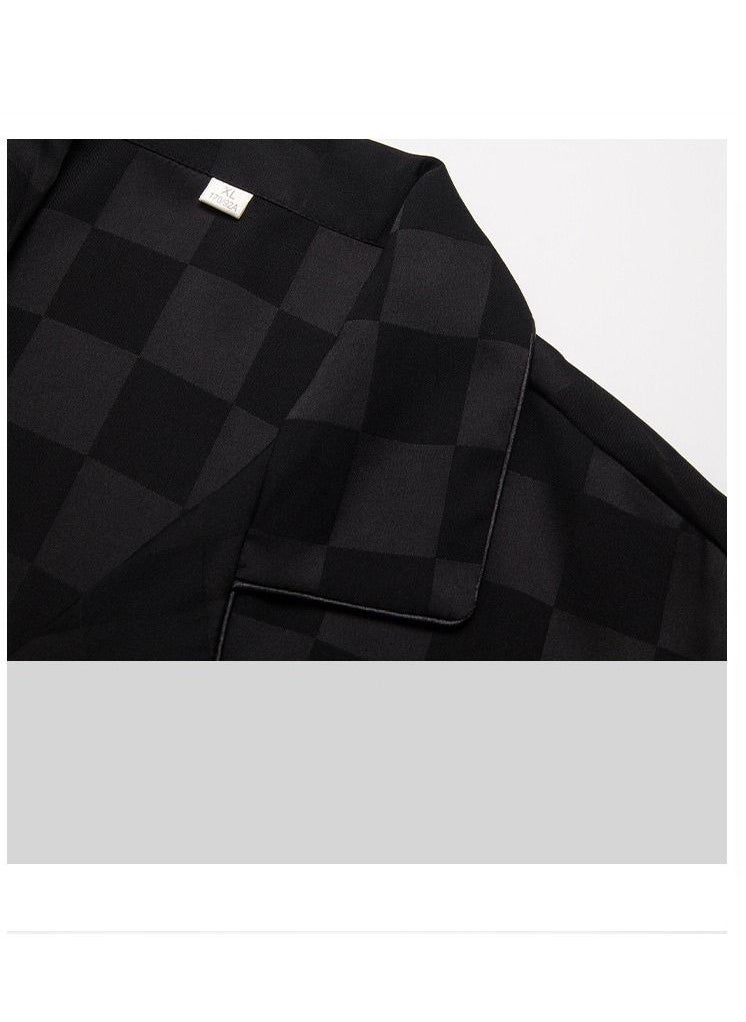 NIBEMINENT 2-Piece Set Men's Short Sleeves Pajamas Pants Sleepwear Sets Satin Grid Printing Silk Nightgown Male Loose Shirts Spring Summer Thin Loungewear Home Clothes Black  - Image 5