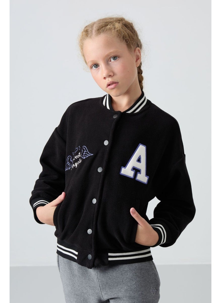 Tommy Life - Black Thick Soft Texture Standard Fit Embroidered Fleece Girls College Jacket - 75156 - Image 1
