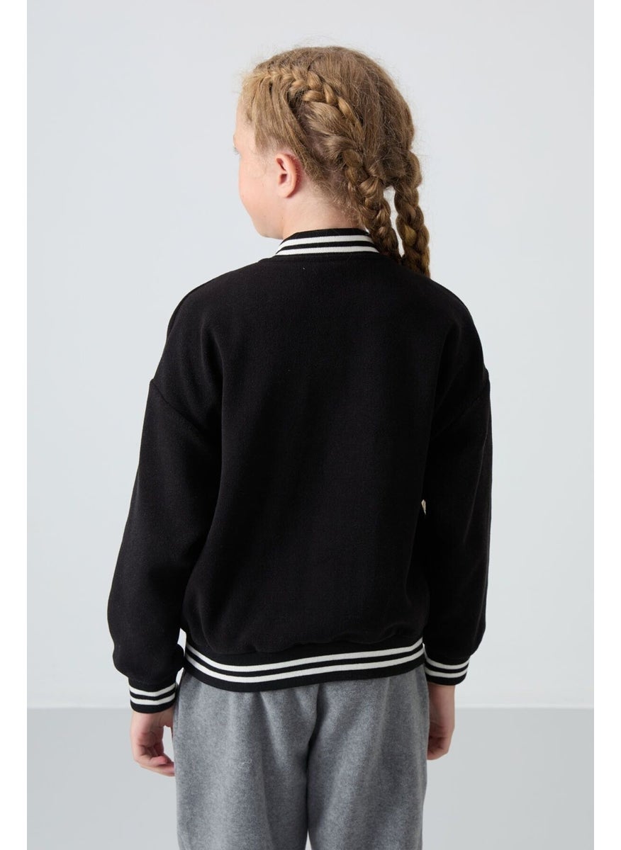Tommy Life - Black Thick Soft Texture Standard Fit Embroidered Fleece Girls College Jacket - 75156 - Image 1
