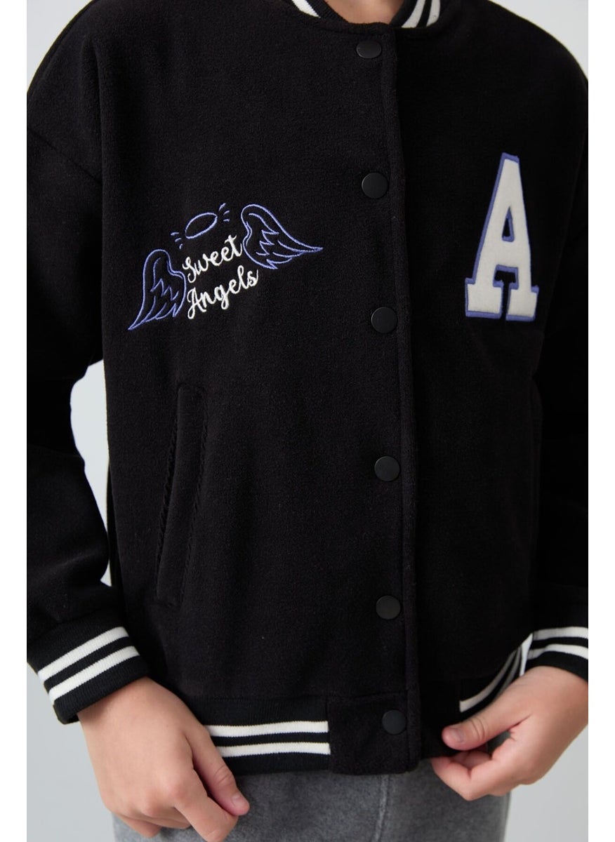 Tommy Life - Black Thick Soft Texture Standard Fit Embroidered Fleece Girls College Jacket - 75156 - Image 1