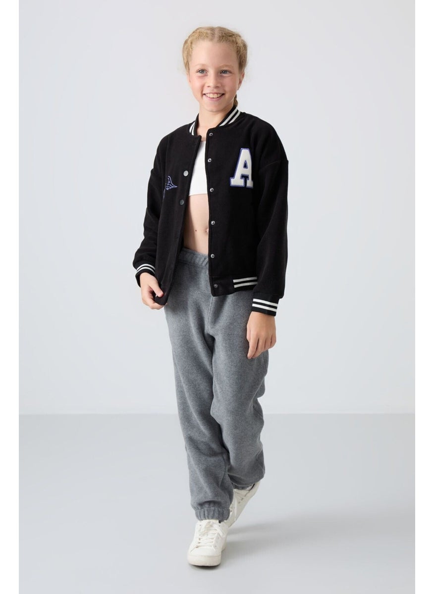 Tommy Life - Black Thick Soft Texture Standard Fit Embroidered Fleece Girls College Jacket - 75156 - Image 1
