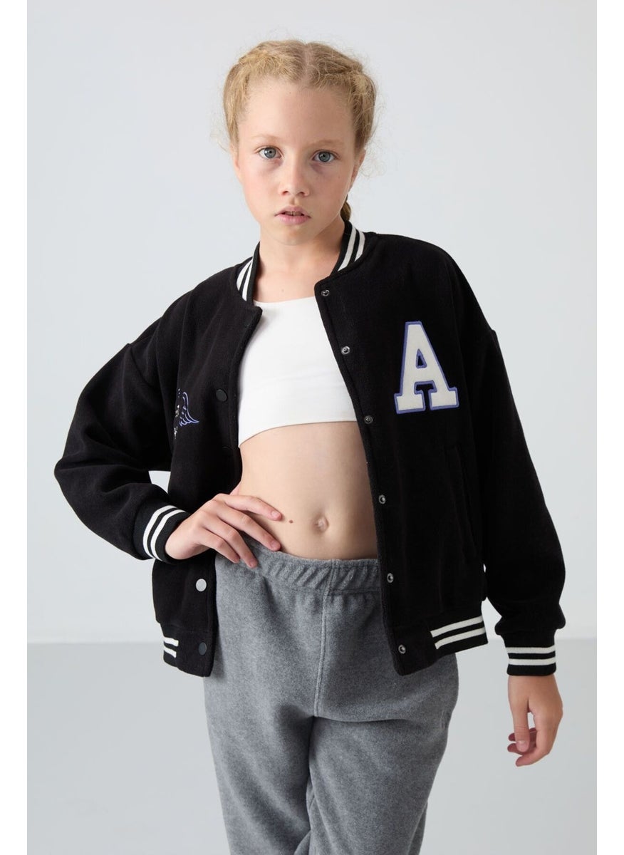 Tommy Life - Black Thick Soft Texture Standard Fit Embroidered Fleece Girls College Jacket - 75156 - Image 1