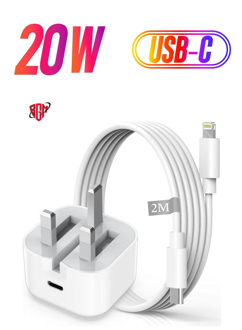 BGM iPhone Fast Charger, iPhone Charger Plug and Cable 2M [Apple MFi Certified], HOSOW 20W USB C Fast Charger iPhone Power Adapter with USB C to Lightning Cable for iPhone 14 13 12 Pro Max/Mini/11/XS/SE/8  - Image 1
