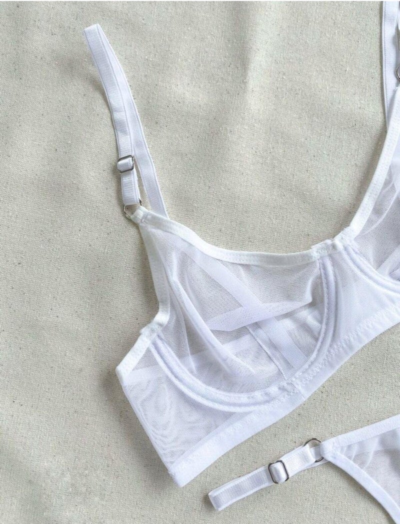 La Linaa Women's White Tulle Thong Panty Bra Set - Image 1