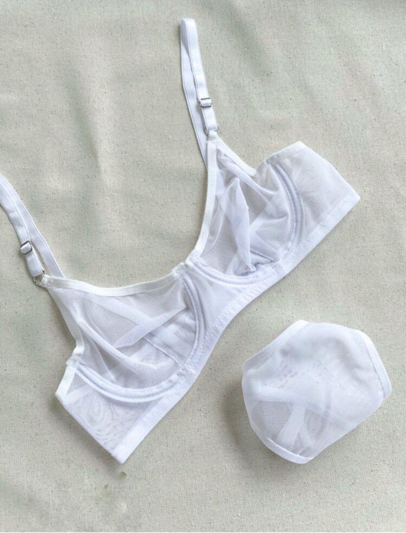 La Linaa Women's White Tulle Thong Panty Bra Set - Image 2