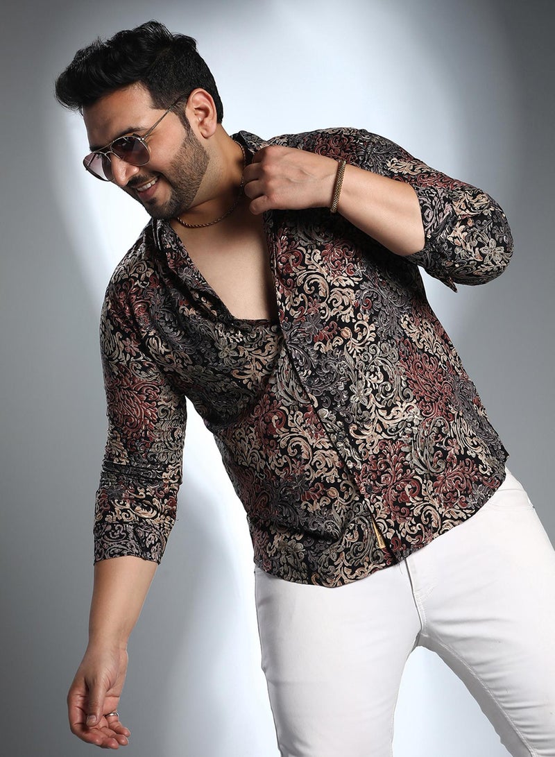Instafab Plus Men's Multicolour Regal Foliage Shirt For Casual Wear | Spread Collar | Long Cuffed Sleeves | Button Closure | Plus Size Shirt Crafted With Comfort Fit For Everyday Wear - Image 2