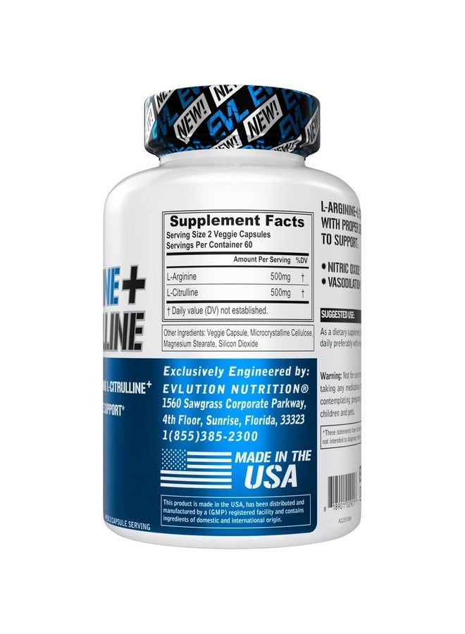 Evlution Nutrition L-Arginine + L-Citrulline - Endurance + Workout Performance Supplement - 1000mg Complex - Vasodilation + Nitric Oxide Support - Vegan + Gluten Free Capsules - 60 Servings - Image 2