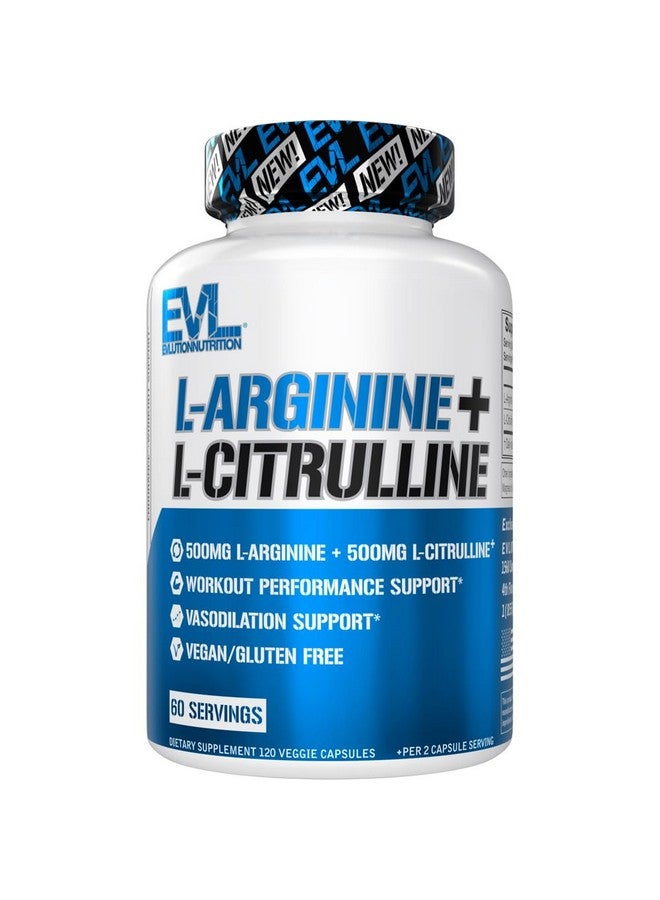 Evlution Nutrition L-Arginine + L-Citrulline - Endurance + Workout Performance Supplement - 1000mg Complex - Vasodilation + Nitric Oxide Support - Vegan + Gluten Free Capsules - 60 Servings - Image 1