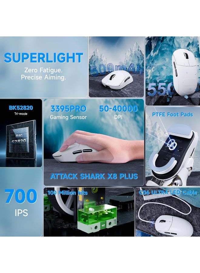 هجوم القرش X8 PLUS Wireless Gaming Mouse With C06 Ultra LED Cable, 55g SUPERLIGHT, Large Hand Size, PixArt PAW3395PRO Gaming Sensor, BT/2.4G Wireless/Wired, 40000 DPI, 500mAh Battery - Image 5