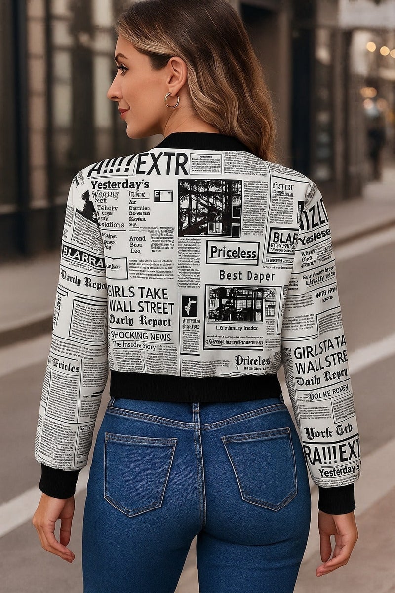 شارلي جاكيت نسائي حصري بسحاب - تصميم بومبر بطبعة جرائد | مقاس صغير | ملابس خارجية أنيقة كاجوال للنساء | جاكيت خفيف الوزن بأكمام طويلة مطبوع | جاكيت قصير أنيق بنمط الشارع | سحاب أمامي | تصميم نصي فريد | قصة مريحة للاستخدام اليومي | جاكيت بومبر عصري للبنات | جاكيت مميز باللونين الأبيض والأسود | ملابس كاجوال شتوية وخريفية | الكمية محدودة - Image 4