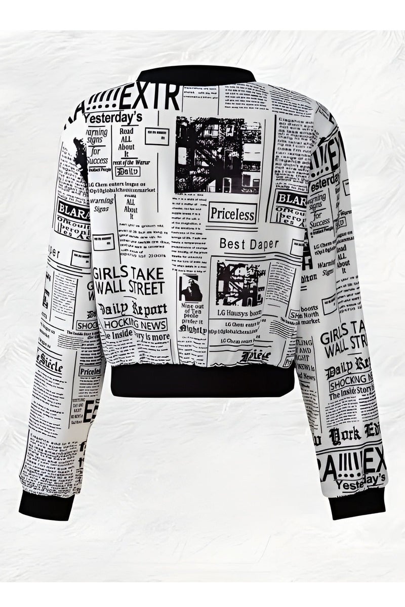 شارلي جاكيت نسائي حصري بسحاب - تصميم بومبر بطبعة جرائد | مقاس صغير | ملابس خارجية أنيقة كاجوال للنساء | جاكيت خفيف الوزن بأكمام طويلة مطبوع | جاكيت قصير أنيق بنمط الشارع | سحاب أمامي | تصميم نصي فريد | قصة مريحة للاستخدام اليومي | جاكيت بومبر عصري للبنات | جاكيت مميز باللونين الأبيض والأسود | ملابس كاجوال شتوية وخريفية | الكمية محدودة - Image 2