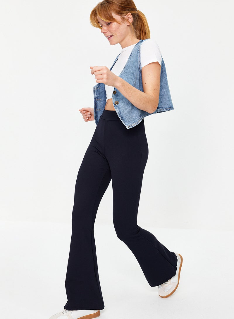 trendyol Navy Blue Ribbed Flare/Spanish Leg High Waist Stretchy Knitted Leggings Trousers TWOSS23PL00135 - Image 2