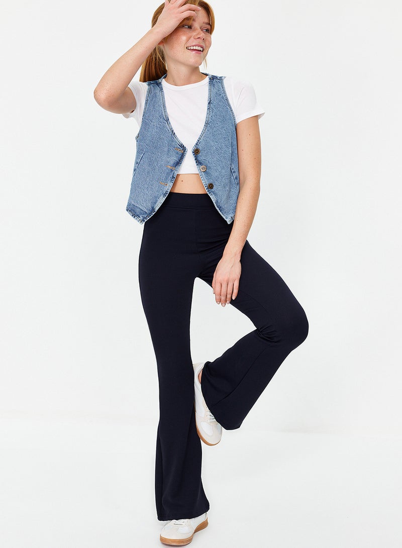 trendyol Navy Blue Ribbed Flare/Spanish Leg High Waist Stretchy Knitted Leggings Trousers TWOSS23PL00135 - Image 3