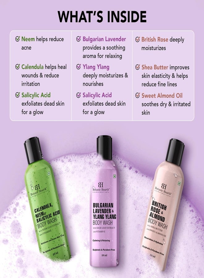 Botanic Hearth Body Wash Set of 3 – British Rose, Neem & Lavender | Hydrating & Purifying Shower Gel | Deep Cleansing, Refreshing & Nourishing | For All Skin Types | 118ml Each - Image 3