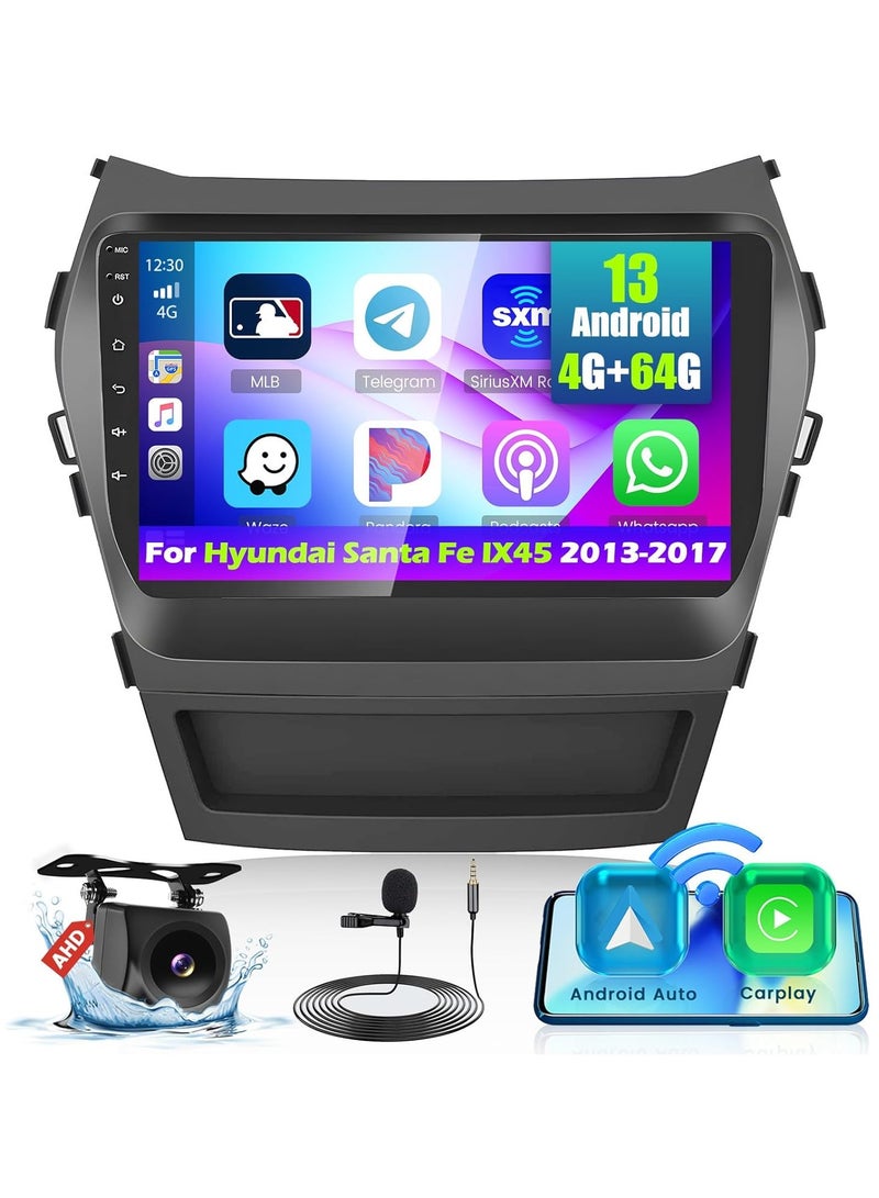 ستيريو سيارة 8-Core 4+64GB Android 13 لسيارة Hyundai Santa Fe IX45 2013-2017، راديو بشاشة تعمل باللمس عالية الدقة مقاس 9 بوصات مع Carplay لاسلكي، ونظام ملاحة GPS، وبلوتوث، وDSP، وFM RDS، وكاميرا احتياطية - Image 1