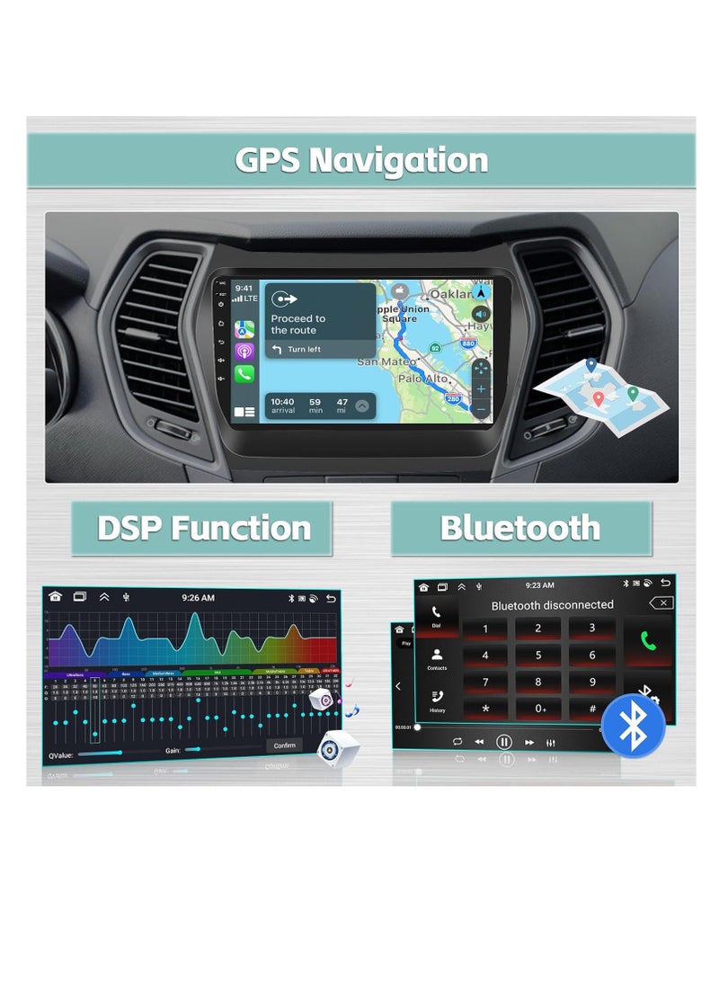 ستيريو سيارة 8-Core 4+64GB Android 13 لسيارة Hyundai Santa Fe IX45 2013-2017، راديو بشاشة تعمل باللمس عالية الدقة مقاس 9 بوصات مع Carplay لاسلكي، ونظام ملاحة GPS، وبلوتوث، وDSP، وFM RDS، وكاميرا احتياطية - Image 3