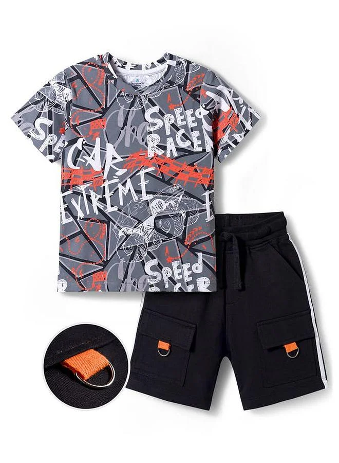 Ollington St. OLLINGTON ST. Cotton Knit Half Sleeves T-Shirt With Racing Print & Short Set - Multicolor