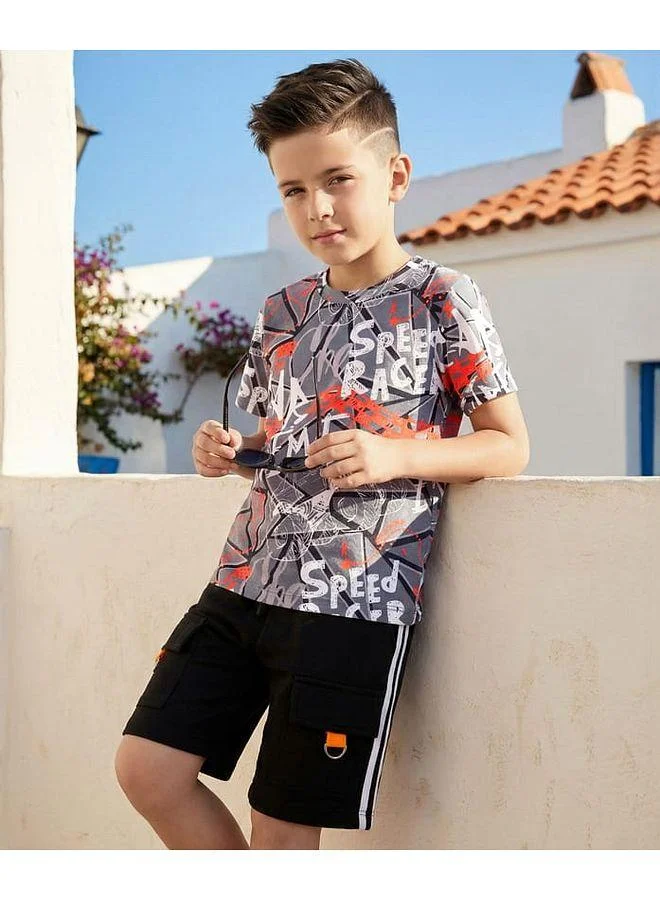 Ollington St. OLLINGTON ST. Cotton Knit Half Sleeves T-Shirt With Racing Print & Short Set - Multicolor
