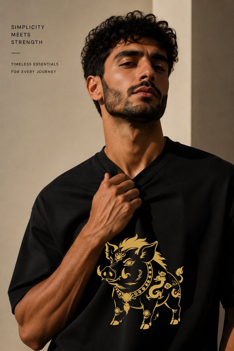 Men's Oversized Black T-Shirt with Golden Boar Graphic Casual Short Sleeve Crew Neck Streetwear Tee - Image 5