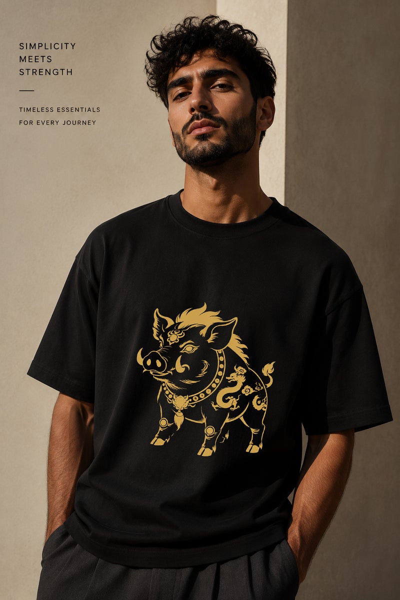 Men's Oversized Black T-Shirt with Golden Boar Graphic Casual Short Sleeve Crew Neck Streetwear Tee - Image 1