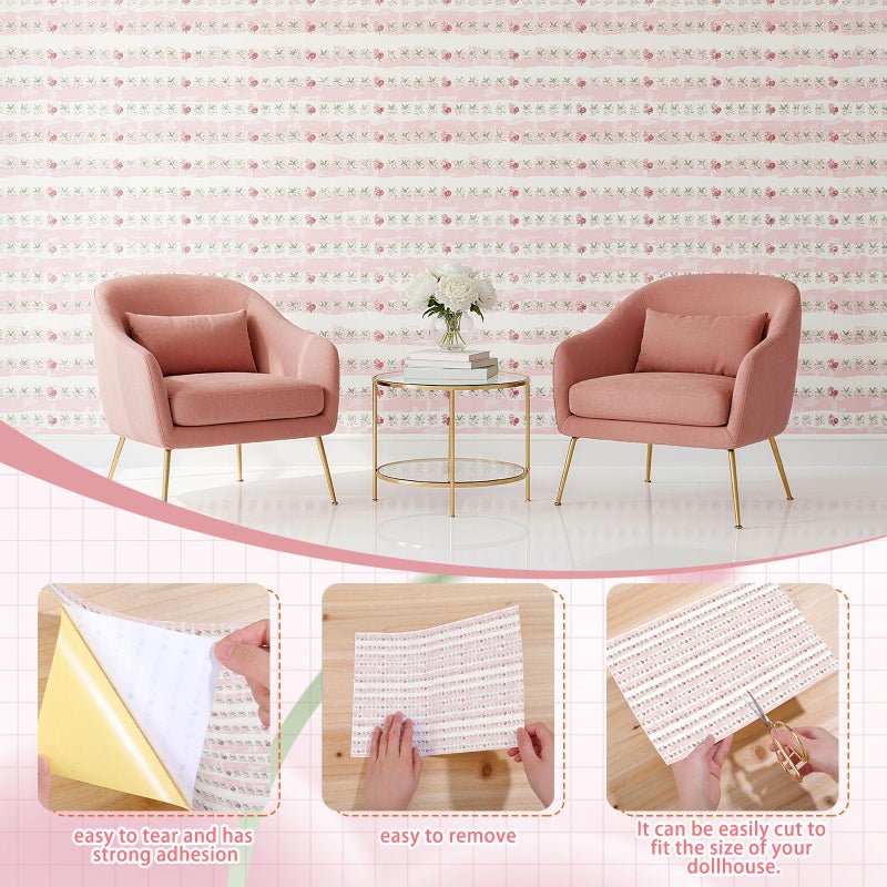 Flutesan 3 Pcs Miniature Dollhouse Wallpaper and Flooring Peel and Stick 1:12 Scale Self Adhesive Doll House Wallpaper DIY Mini Dollhouse Accessories 8.27 x 11.69 Inch(Pink Flower) - Image 2