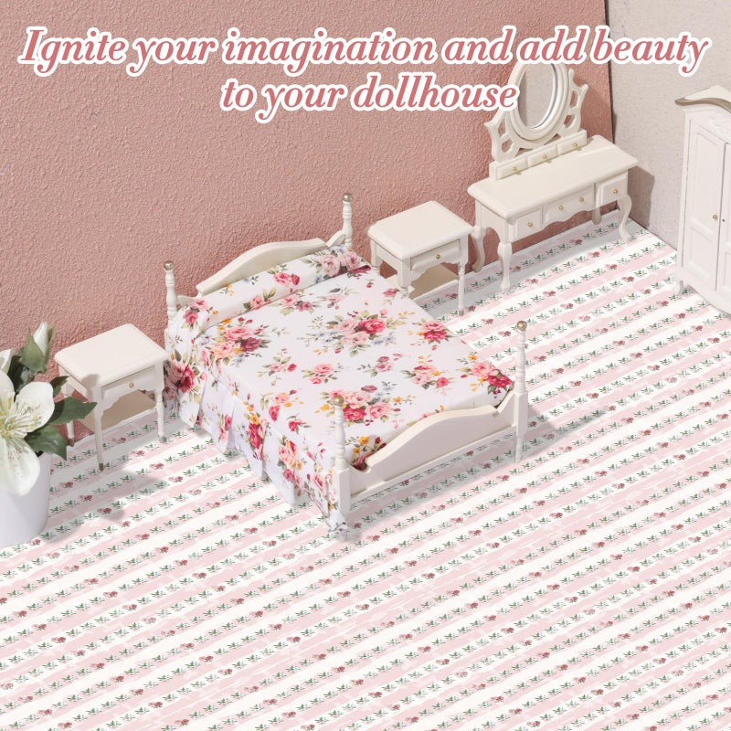 Flutesan 3 Pcs Miniature Dollhouse Wallpaper and Flooring Peel and Stick 1:12 Scale Self Adhesive Doll House Wallpaper DIY Mini Dollhouse Accessories 8.27 x 11.69 Inch(Pink Flower) - Image 3