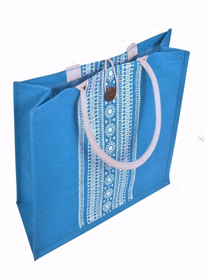Daffodil Jute Bags | Tote Bag | Handcrafted Khari Print Bag | Multipurpose Carry Bag | Durable Bags for Men & Women | Jute Handbags with Button Loop Closure (T blue) - Image 2