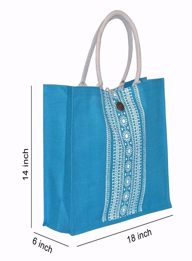 Daffodil Jute Bags | Tote Bag | Handcrafted Khari Print Bag | Multipurpose Carry Bag | Durable Bags for Men & Women | Jute Handbags with Button Loop Closure (T blue) - Image 3