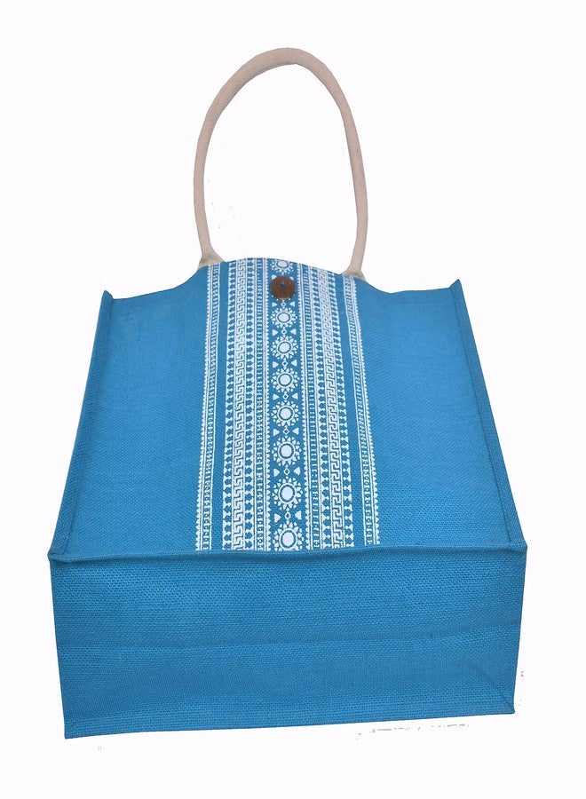Daffodil Jute Bags | Tote Bag | Handcrafted Khari Print Bag | Multipurpose Carry Bag | Durable Bags for Men & Women | Jute Handbags with Button Loop Closure (T blue) - Image 4