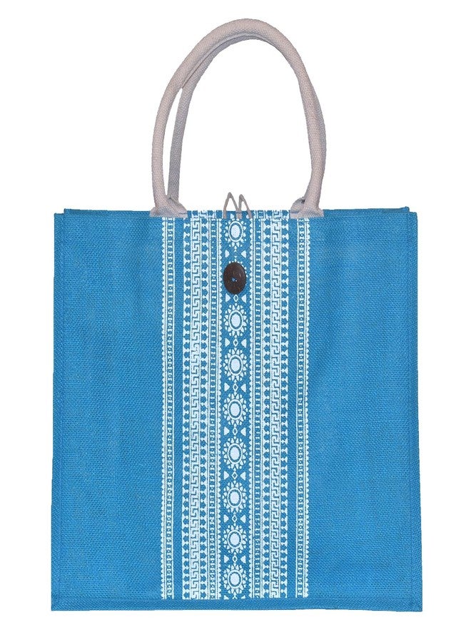 Daffodil Jute Bags | Tote Bag | Handcrafted Khari Print Bag | Multipurpose Carry Bag | Durable Bags for Men & Women | Jute Handbags with Button Loop Closure (T blue) - Image 1
