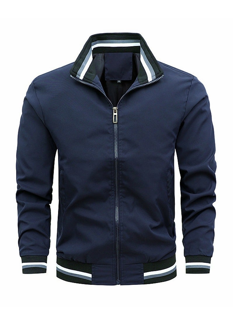 Loquat Men's Zippered Loose Work Jacket Long Sleeve Casual Coat Navy Blue  - Image 1