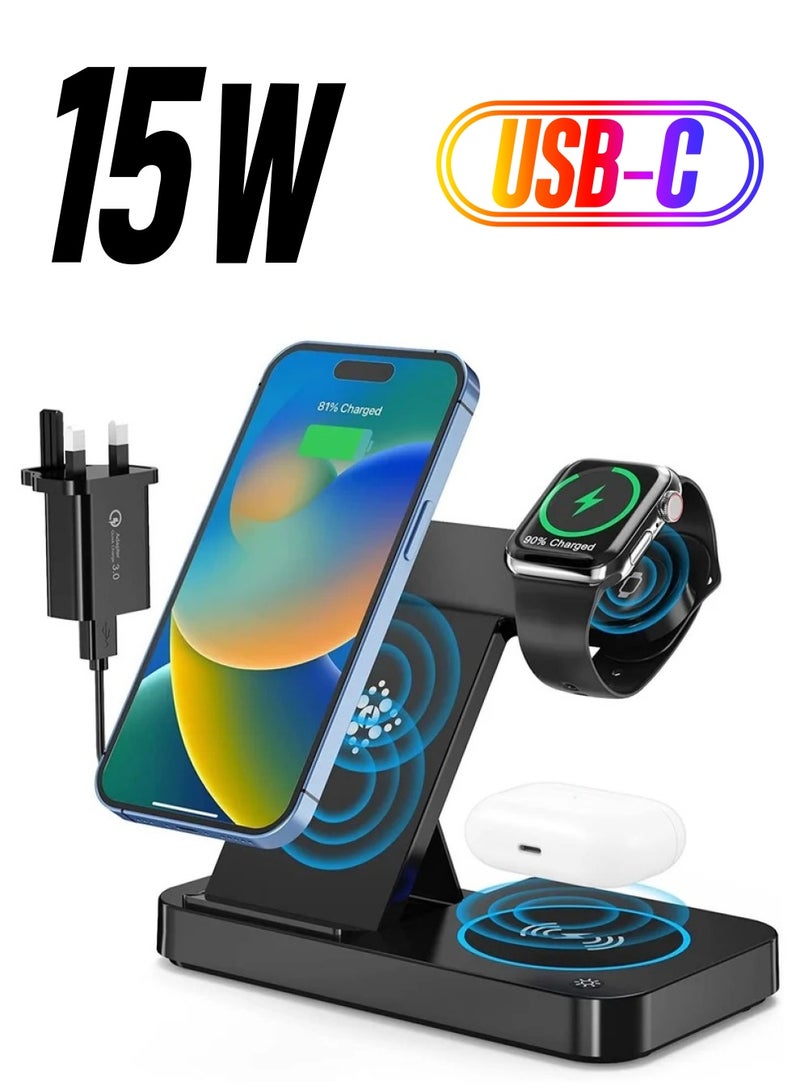 Wireless Charger,4 in 1 Wireless Charging Station,15W Fast Wireless Charging Stand for Phones iWatch Series  - Image 1