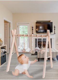PURADAY Baby Play Gym Wooden Baby Gym with 6 Infant Activity Toys Foldable Frame Hanging Bar Toddler Activity Center with Pull Ring Wood Gyms for Newborn Gift Girl  Boy Shower Gift Easy to Assemble  - Image 1