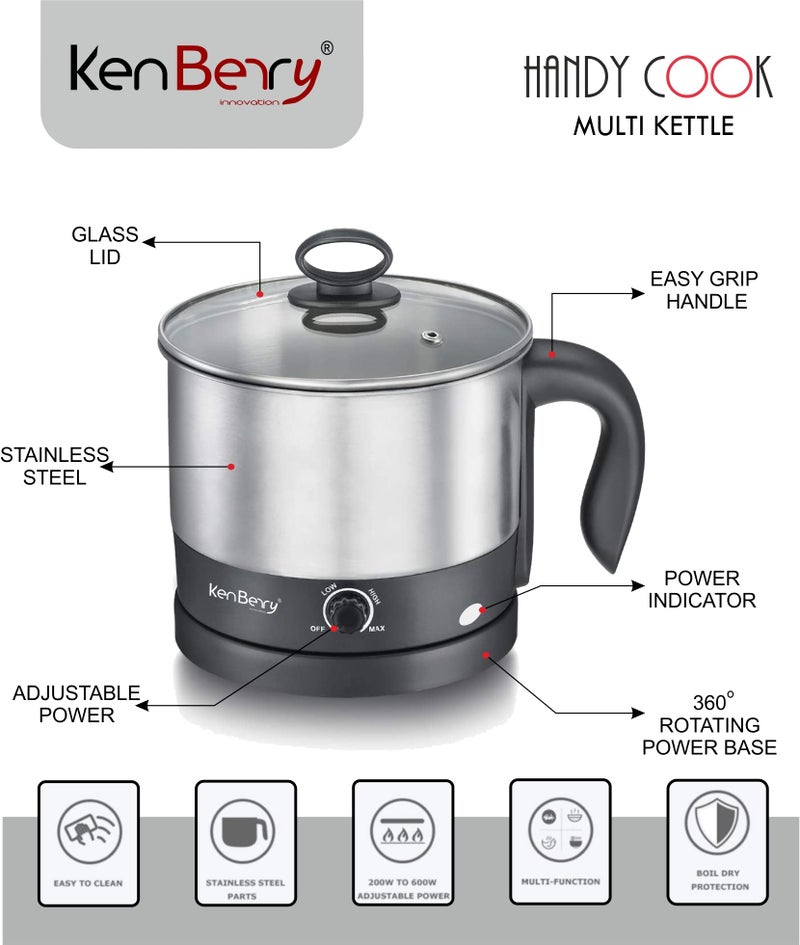 KenBerry Stainless Steel 600 Watts Handy Cook 1.8 L Multi Electric Kettle,Silver, 1.8 liter - Image 2
