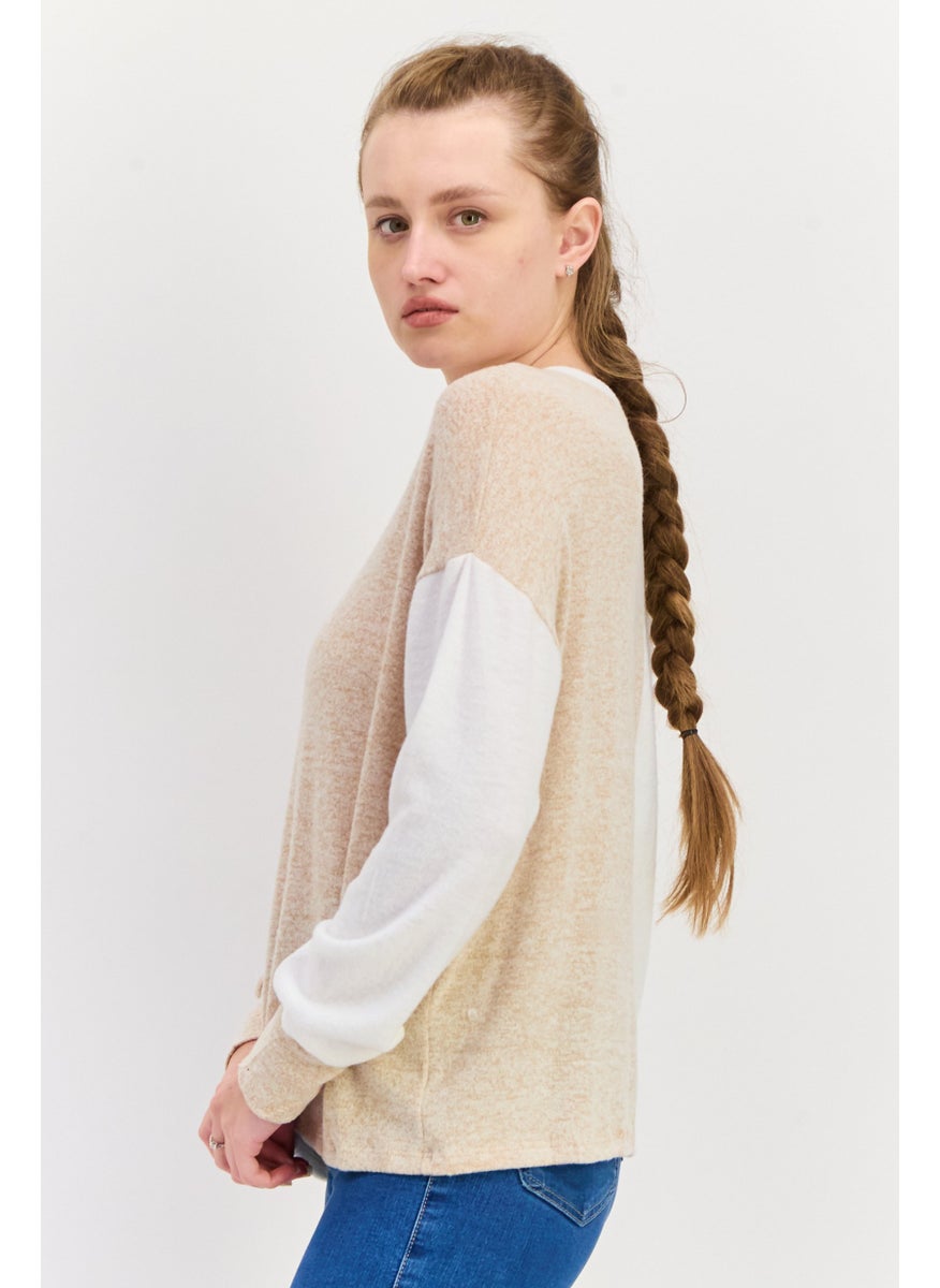 Aqua - Women Crew Neck Long Sleeves Two-Tone Sweater, Beige - Image 1