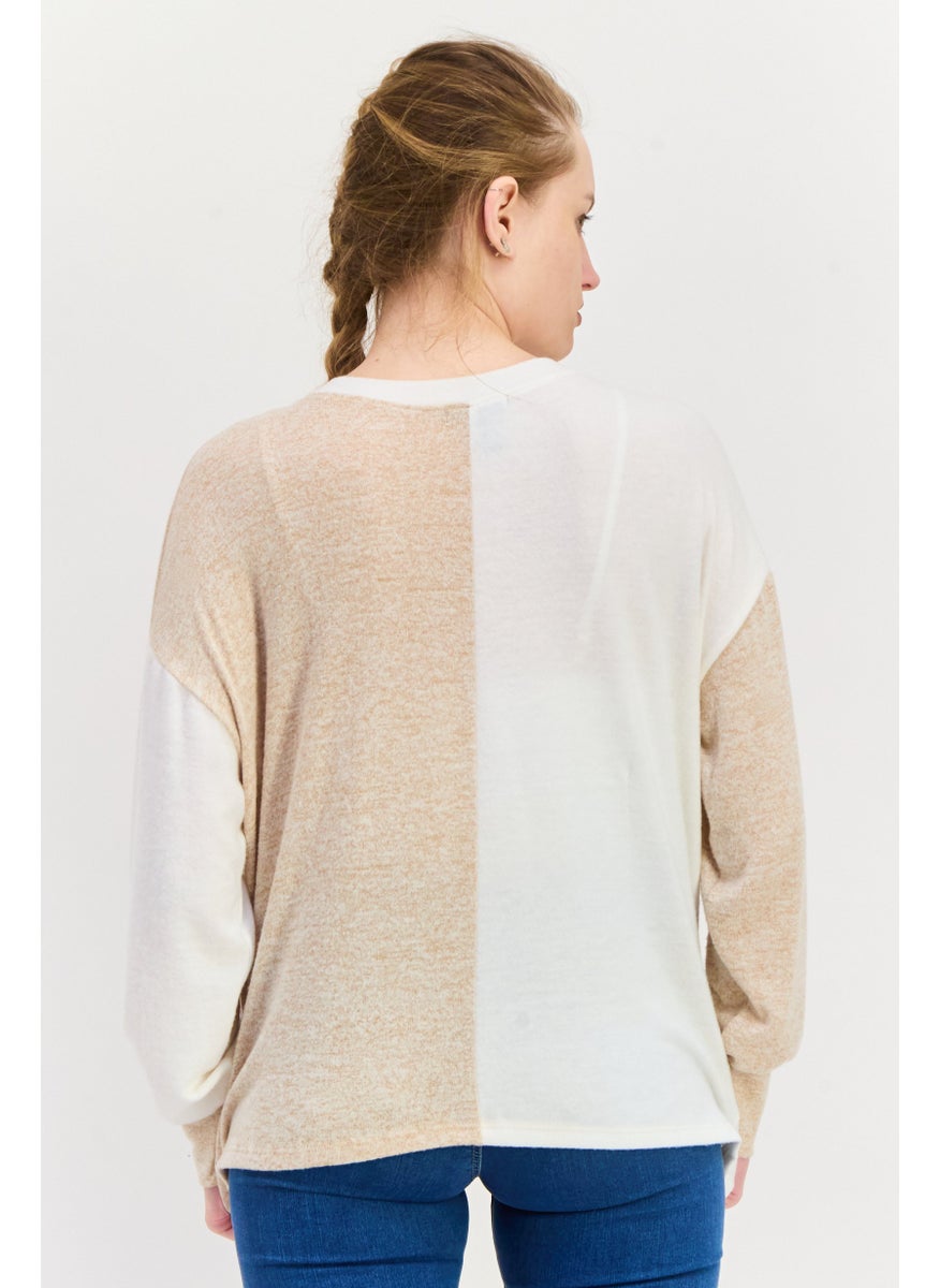 Aqua - Women Crew Neck Long Sleeves Two-Tone Sweater, Beige - Image 1