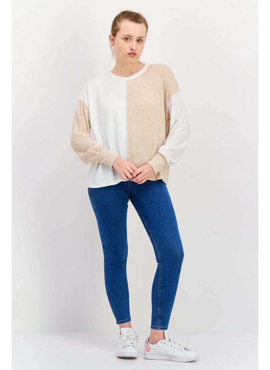 Aqua - Women Crew Neck Long Sleeves Two-Tone Sweater, Beige - Image 1