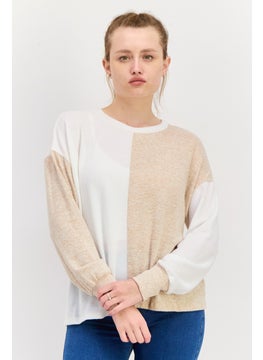 Women Crew Neck Long Sleeves Two-Tone Sweater, Beige