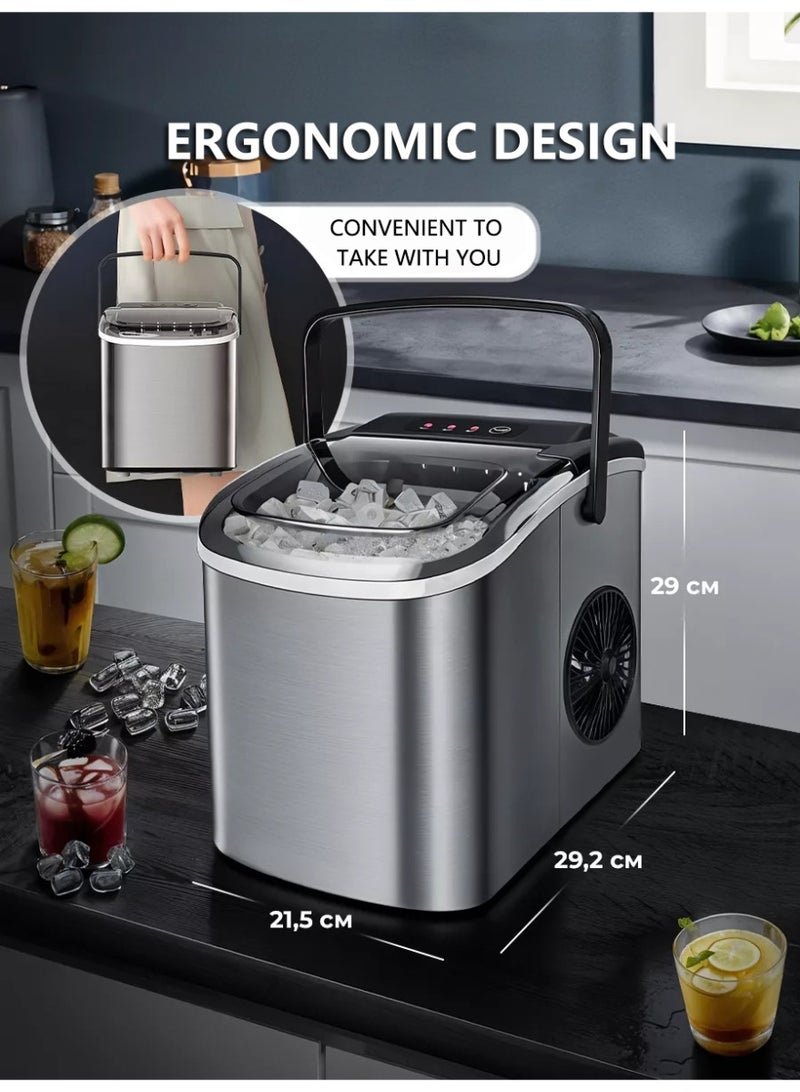 Valshar Ice Maker Countertop with Handle, Self-Cleaning Ice Maker with Scoop and Basket, 9 Cubes in 7-9 Mins, 12Kg/24H, 1.2L Water Tank, 0.6L Ice Basket Capacity, 95W, Portable Small Ice Machine for Home kitchen Office Party, Silver - Image 4