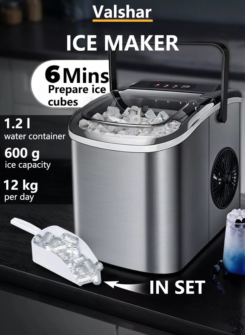 Valshar Ice Maker Countertop with Handle, Self-Cleaning Ice Maker with Scoop and Basket, 9 Cubes in 7-9 Mins, 12Kg/24H, 1.2L Water Tank, 0.6L Ice Basket Capacity, 95W, Portable Small Ice Machine for Home kitchen Office Party, Silver - Image 1