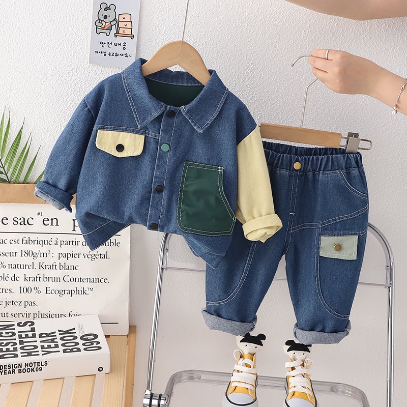 Autumn Boys Trendy Korean Denim Collar Long Sleeve Set Long Sleeve Colorblock Denim suit 