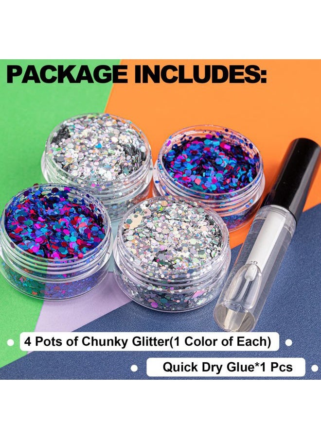 BELLEBOOST 2 Colors of Holographic Chunky Glitter with Quick Dry Glue Pack 5, 4 Pots Total 40g Multi-Shaped for Body Hair Face Eyes Make-up, Nail Art and Bedazzling in Party/Concert/Events Glitter  - Image 2