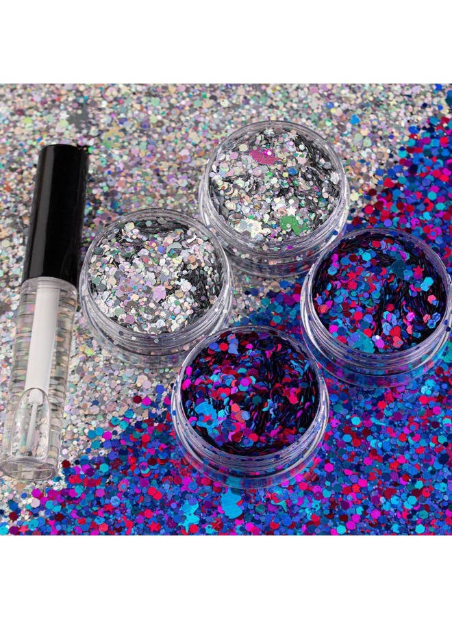 BELLEBOOST 2 Colors of Holographic Chunky Glitter with Quick Dry Glue Pack 5, 4 Pots Total 40g Multi-Shaped for Body Hair Face Eyes Make-up, Nail Art and Bedazzling in Party/Concert/Events Glitter  - Image 1