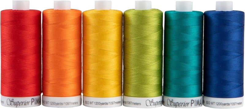 Superior Threads PIMA 50 wt Cotton Sewing Thread Set 1200 Yard Spool 6-Pack (Brights) - Image 1