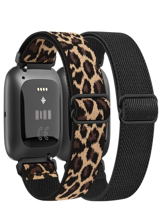 Meliya Elastic Bands for Fitbit Versa 2 Band Women Men, 2-Pack Adjustable Strechy Solo Loop Replacement Wristband Compatible with Fitbit Versa/Versa 2/Versa Lite/SE Smartwatch (Black+Leopard) - Image 1