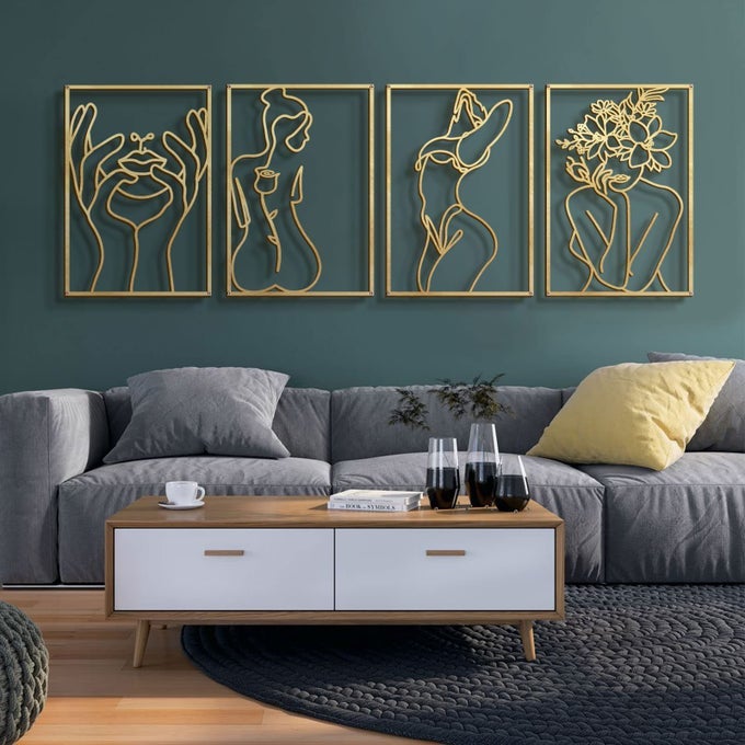 4 PACK GOLD WALL ART DCOR MINIMALIST DCOR SINGLE LINE ART WALL DCOR REAL METAL WALL ART WOMANS BODY SHAPE ABSTRACT WALL ART GOLD CLASSIC STYLE M SIZE 17 X 118